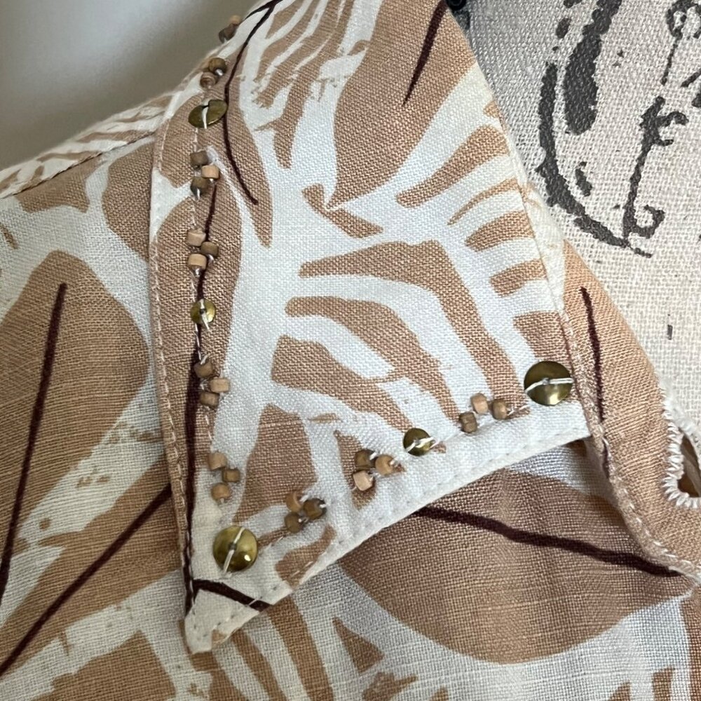 Hearts Of Palm Tan Botanical Print Linen Jacket Blazer Casual Coastal Neutral 14 - Picture 3 of 9